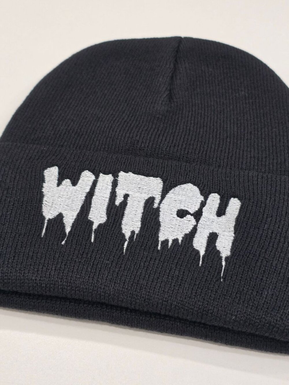 Witch ✦ Black Embroidered Beanie Hat ✦ Gothic Drip Lettering Winter Knit NWT OS - Picture 3 of 6